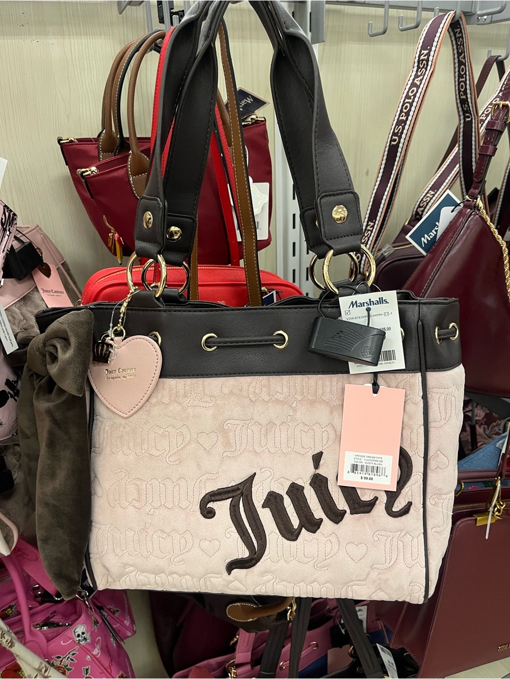 Juicy Couture Pink and Black Embroidered Logo Tote with Heart Charm
